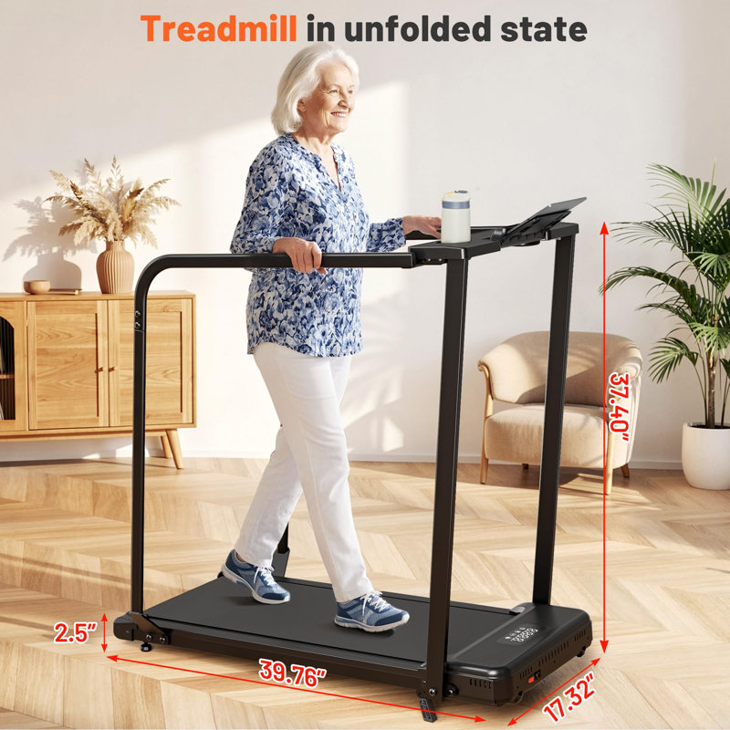 Walking Pad with Long Handrails for Seniors - Compact Treadmill with Incline for Home, Recovery Machine with Wheels, Remote Control, LED Display, Cup & Phone Holder