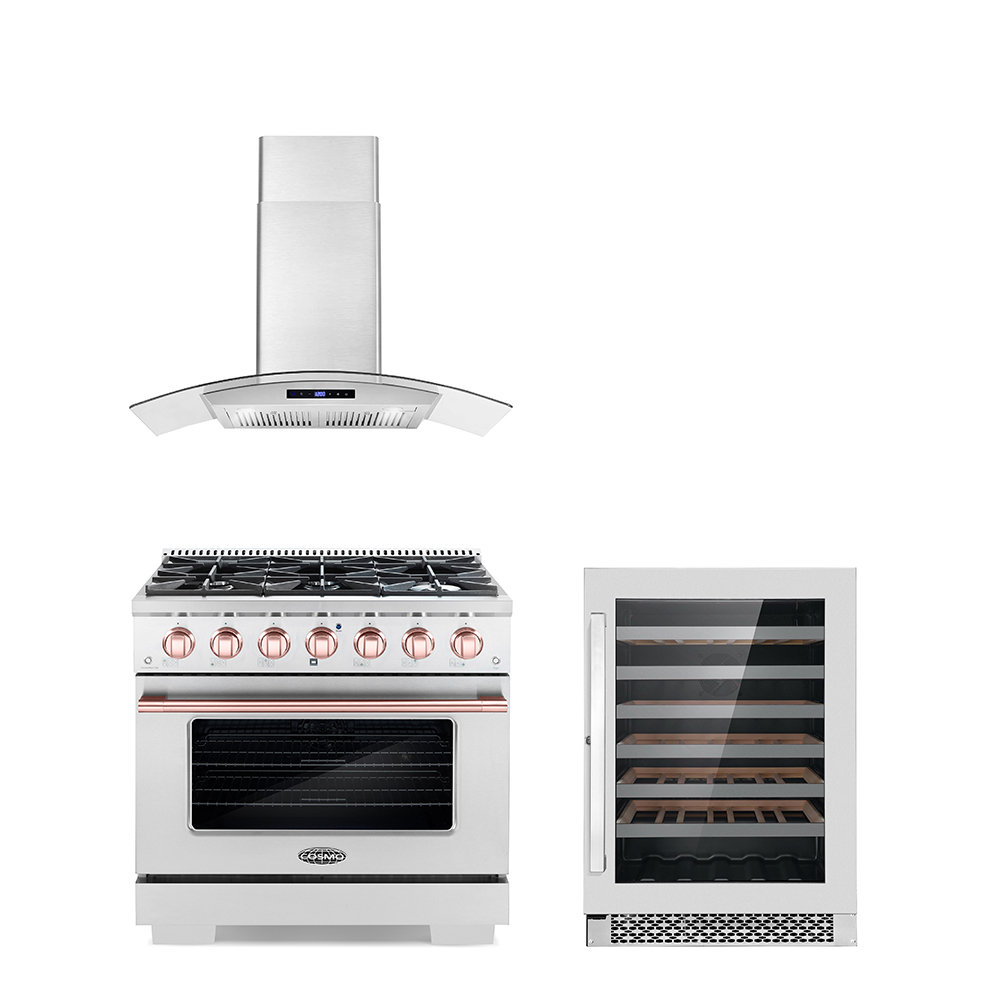 Cosmo 3 Piece Kitchen Appliance Package with 36'' Gas Freestanding Range , Wall Mount Range Hood , and Wine Refrigerator Cosmo 