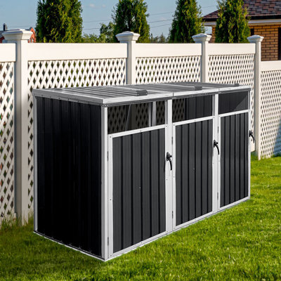 Garbage Bin Shed Stores 3 Trash Cans Metal Outdoor Bin Shed For Garbage Storage,Dark