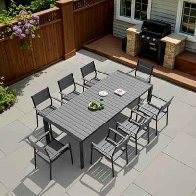 Ensemble de salle à manger pour 8 personnes en aluminium l 95 po x P 40 po avec fauteuils empilables et trou pour parasol