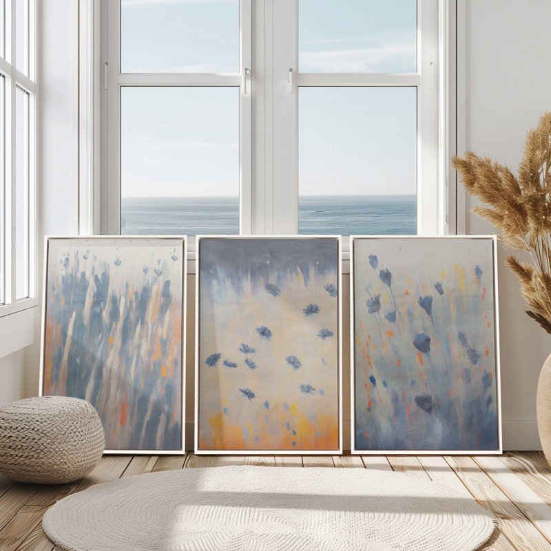 Ensemble de 3 fleurs bleues montantes, Cadre flottant en chrome poli, H 13 po x l 27 po