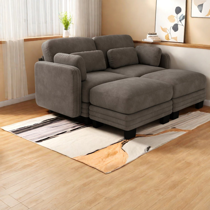 Canapés d'angle modulaires modernes, canapé 2 places en chenille marron avec 2 poufs pour la maison