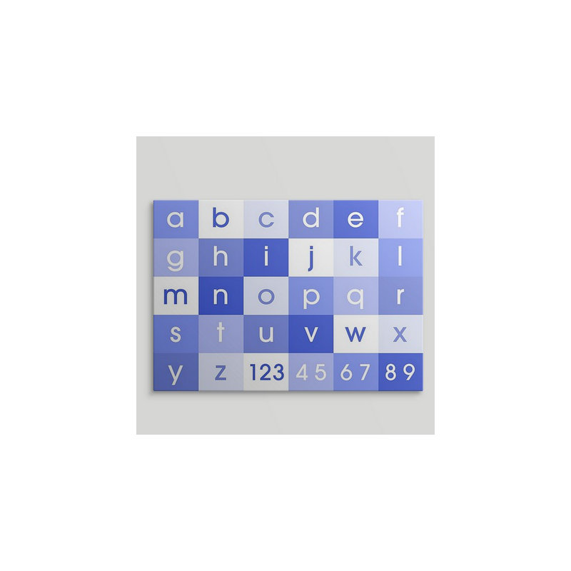 «Alphabet» par Justin, art textuel en bleu, H 18 po x l 24 po x P 1,25 po, Toile