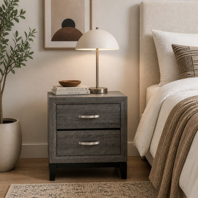 Table de chevet moderne à 2 tiroirs avec rangement, finition grain de bois, structure en bois massif, table de bout de chambre à coucher, largeur 24 po