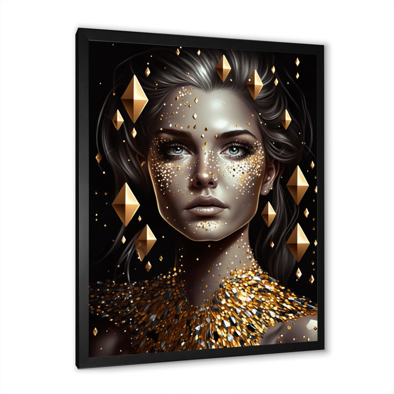 Femme rayonnante dorée II - impression, Cadre d'angle fermé noir, H 20 po x l 12 po x P 1 po