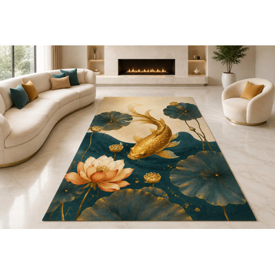 Tapis pour étang Lotus Koi de 6 pi 7 po x 9 pi 10 po pour salon, chambre à coucher et bureau à domicile «Ultra Léger», tapis doux à poils courts avec envers en silicone antidérapant de couleur sarcelle et dorée