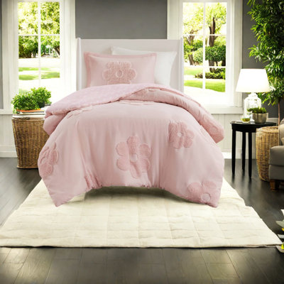 Ensemble de literie confortable en chenille, motif floral simple, rose