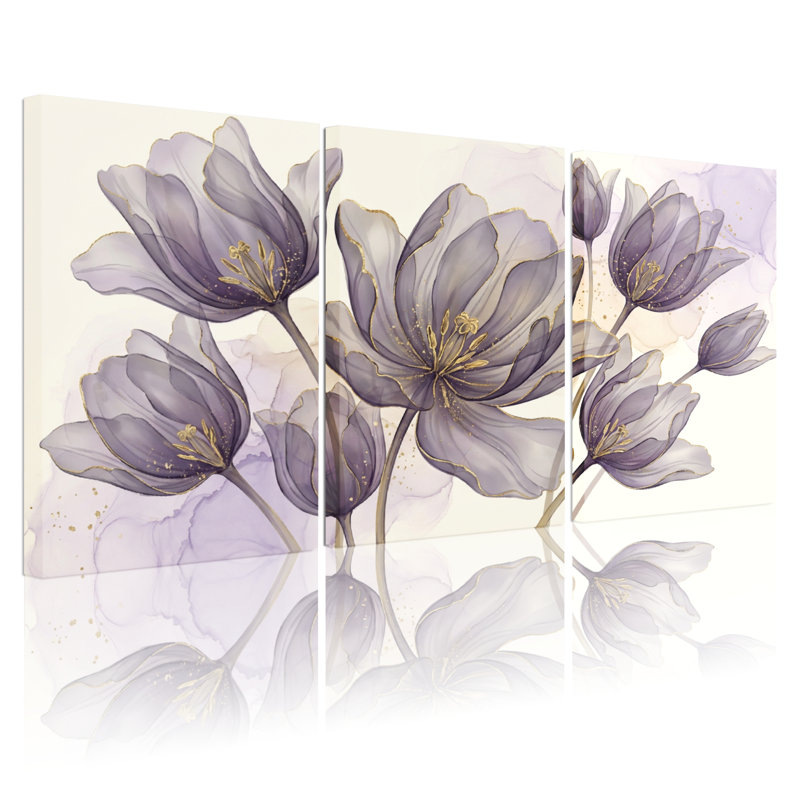 Ensemble de 3 tableaux muraux sur toile représentant des tulipes violettes, parfaits pour la décoration du salon et de la chambre.