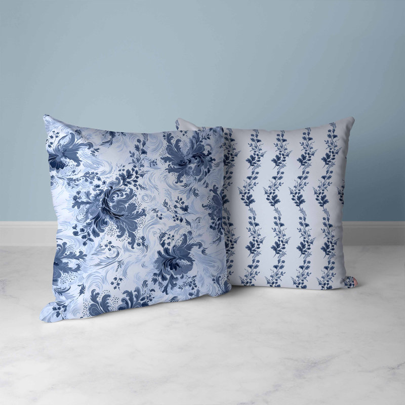 Blue and Gray Floral Faux Suede Square Throw Pillow