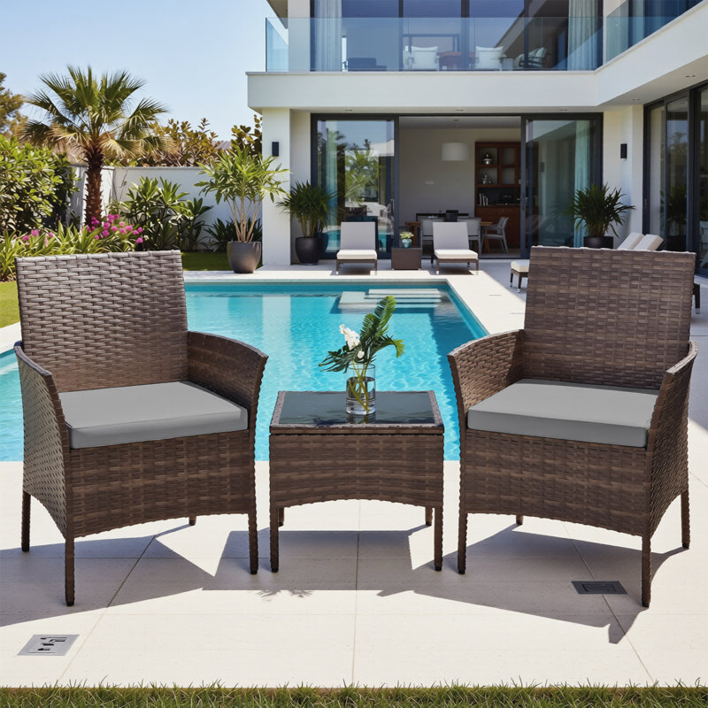 3-Piece outdoor Handwoven Wicker Bistro Chat Set with Cushions for Balcony, Porch & Small Patio, Brown, Gray