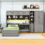 Lit plateforme simple en bois avec amplement d'espace de rangement, bande lumineuse et bureau-554108594