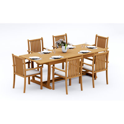 Ensemble de salle à manger en bois de teck Grade-A: table à double tréteaux avec pieds à tréteaux et chaises empilables Angarano # 11CH2110