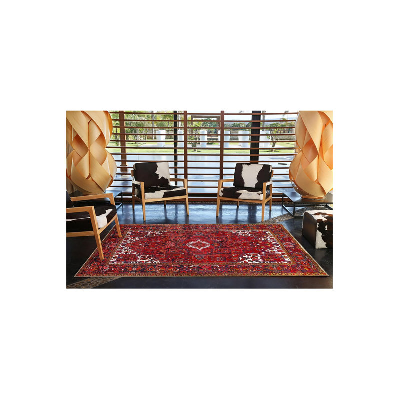 Tapis rouge tissé traditionnel et géométrique de couleur rouge, Sous-tapis carré 3 pi 3 po inclus
