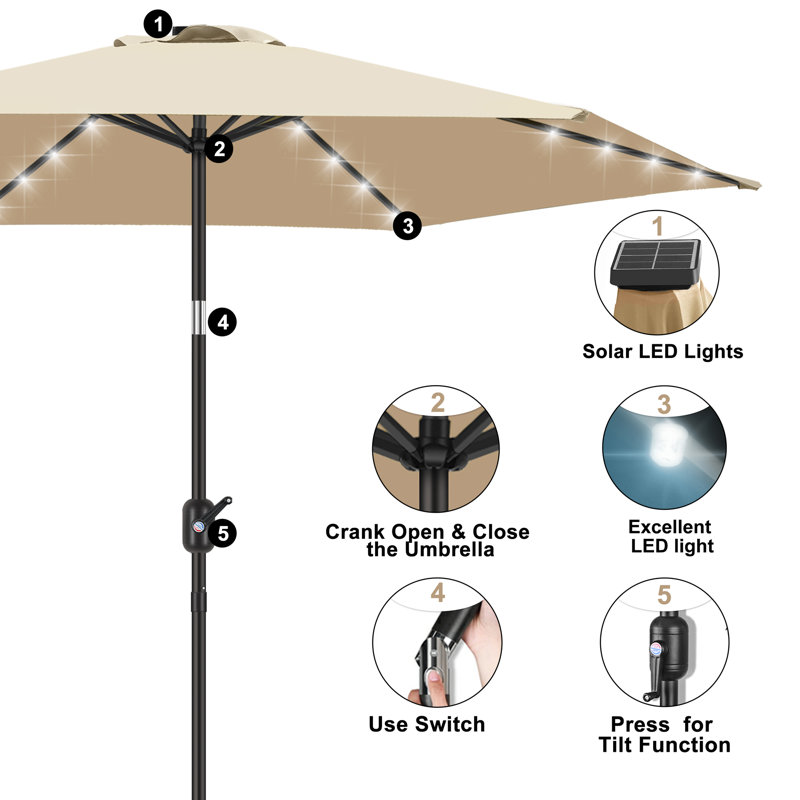 Off-White Solar LED Lighted 7.5' Rectangular Patio Umbrella with Alloy Steel Frame