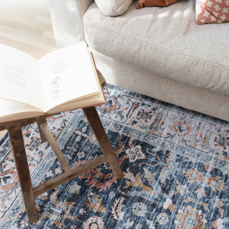 Tapis décoratif antidérapant bleu / doré Annegrethe, Rectangle 3 pi 6 po x 5 pi 6 po