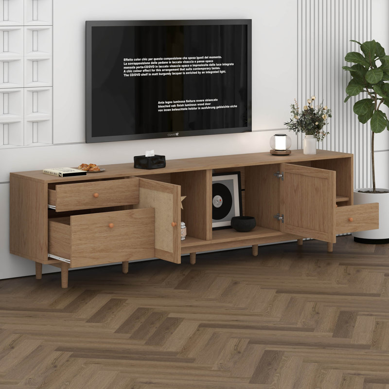 Meuble télé 76,6 po pour téléviseur de 65, 75 et 85 pouces, meuble télé en rotin avec rangement ouvert et tiroirs, meuble télé