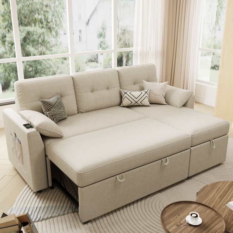 Reversible Pull-out 3-seater Sofa Chaise For Living Room, Cream Linen