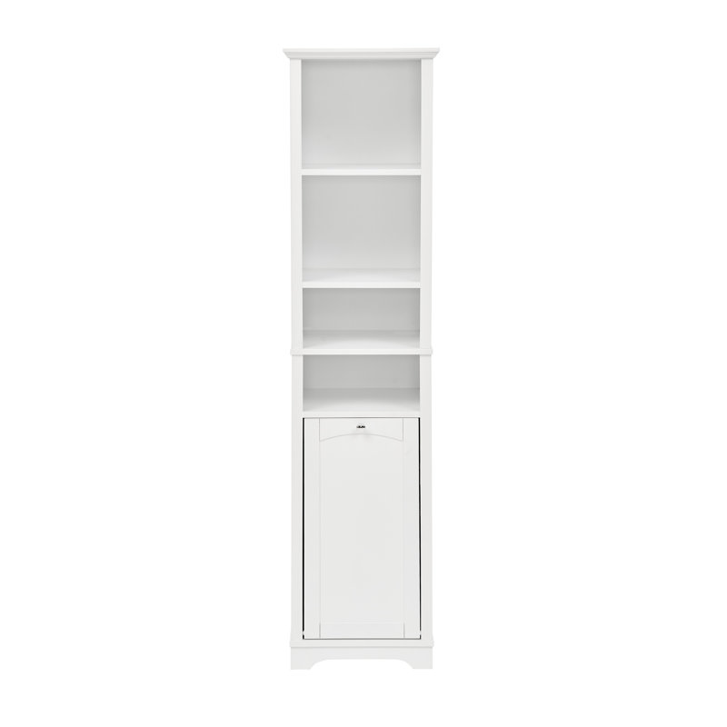 Armoire de salle de bain avec panier à linge Lebreton, 4 tablettes réglables et panier à linge amovible, Blanc