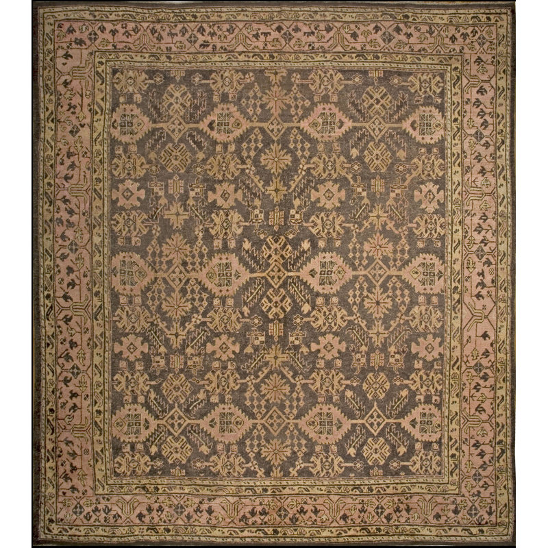 Earthy Tone Tribal Geometric Allover Pattern Antique Square Shape Turkish Oushak Carpet