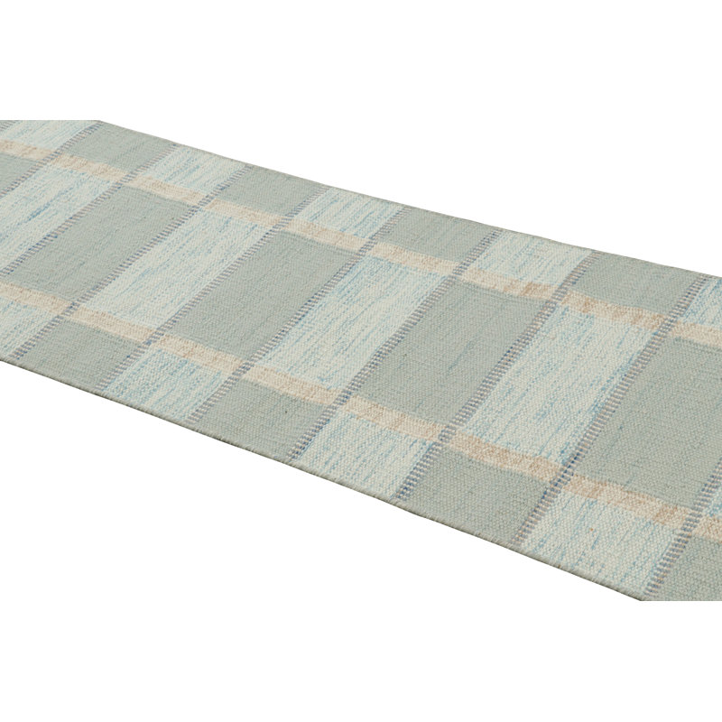 Rug & Kilim’S Scandinavian Style Runner Rug With Seafoam Blue Geometric Patterns, Rectangle 5' x 7'