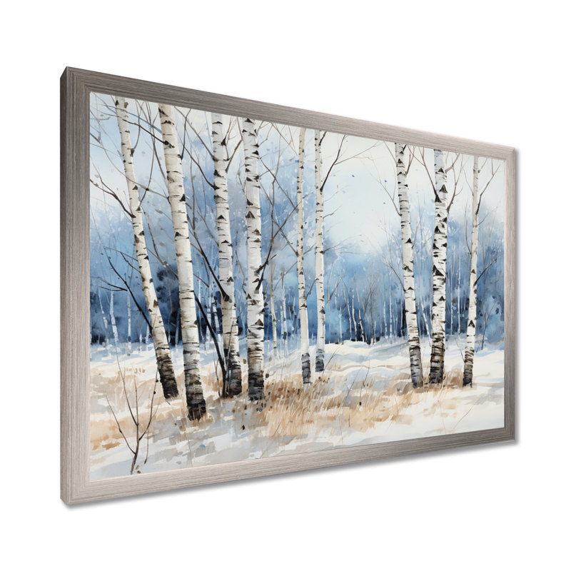 Bois de bouleau blanc et bleu en hiver - Art mural bouleau, Cadre simple argenté, H 16 po x l 32 po x P 1 po