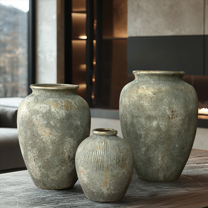  Grand vase urne rustique doré et terre cuite brune, H 15,2 po x l 11,2 po x P 11,2 po