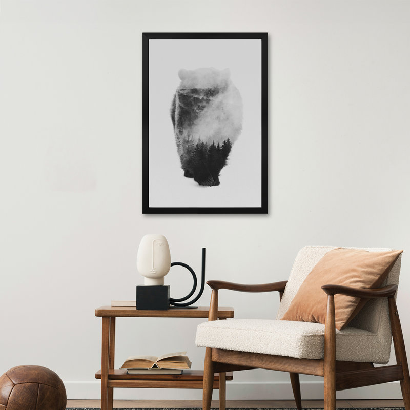 Approaching Bear in B&W Premium Framed Posters, 24" H x 16" W