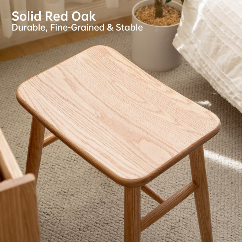 Tabouret d'appoint en chêne massif de 17,72 po avec siège courbé pour chambre à coucher et salon, Natural Oak