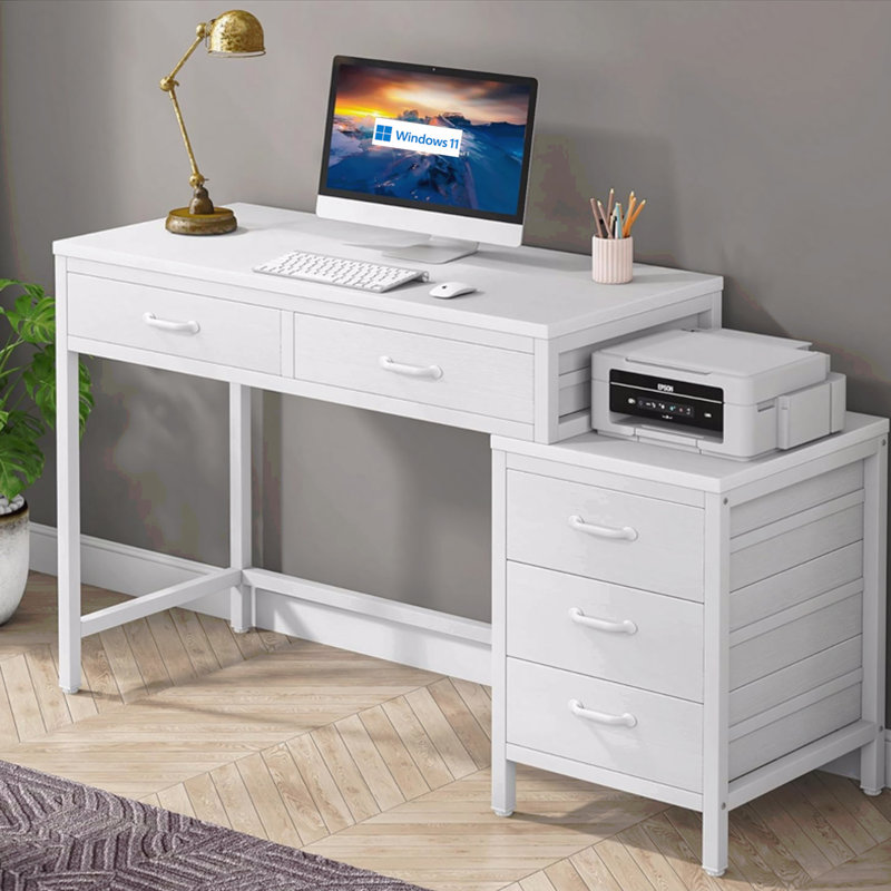Bureau d'ordinateur 51 po réversible, bureau à domicile blanc avec 5 tiroirs, classeur et support pour imprimante