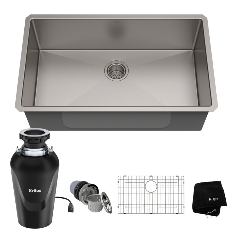 KRAUS Standard PRO™ Gauge Undermount Kitchen Sink with WasteGuard™ Garbage Disposal, 10.38"H x 19"W x 32"L