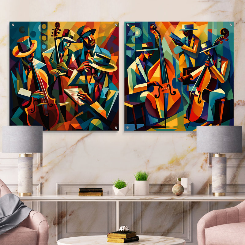 Ensemble de 2 art mural en verre Jazz Performance On Stage I - Music Jazz, H 30 po x l 61 po