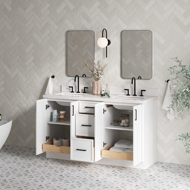 Ariel Kelly 61 Inch Double Rectangular Sink Bathroom Vanity With Pure White Quartz Countertop In Oak