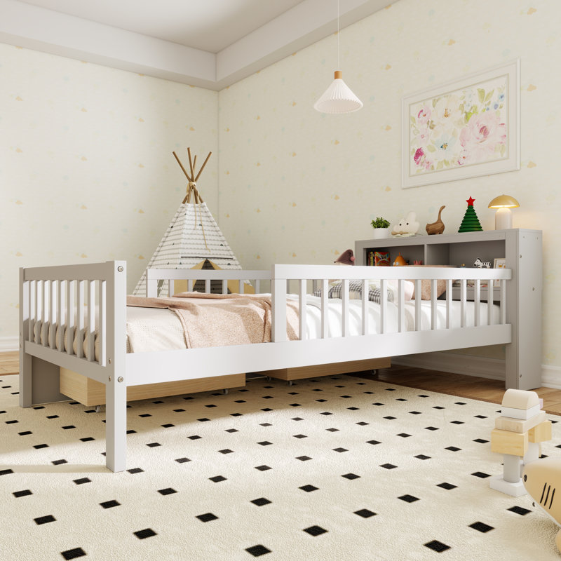 Lit plateforme en bois avec garde-corps et support de tête de lit de style minimaliste, Gris