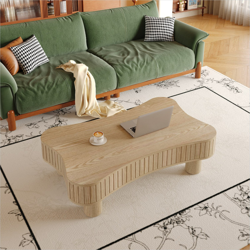 Table basse de 42 pouces avec plateau relevable, panneaux cannelés, rangement caché, bois massif, ton naturel