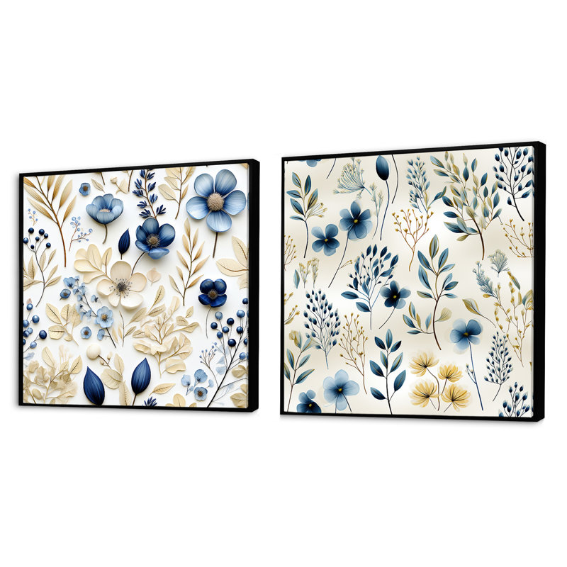 Stretford - Ensemble de 2 collages carrés floral et botanique, Cadre flottant noir, H 16 po x l 33 po