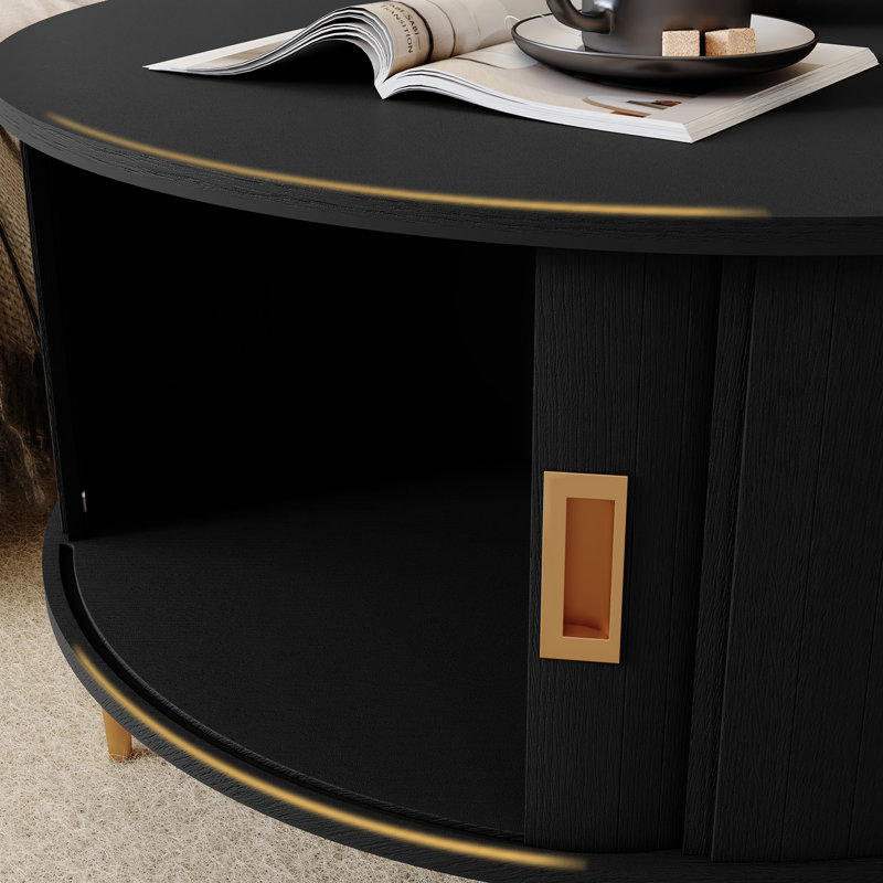 Mid Century Modern Round Coffee Table With Storage and Tambour Door, Black