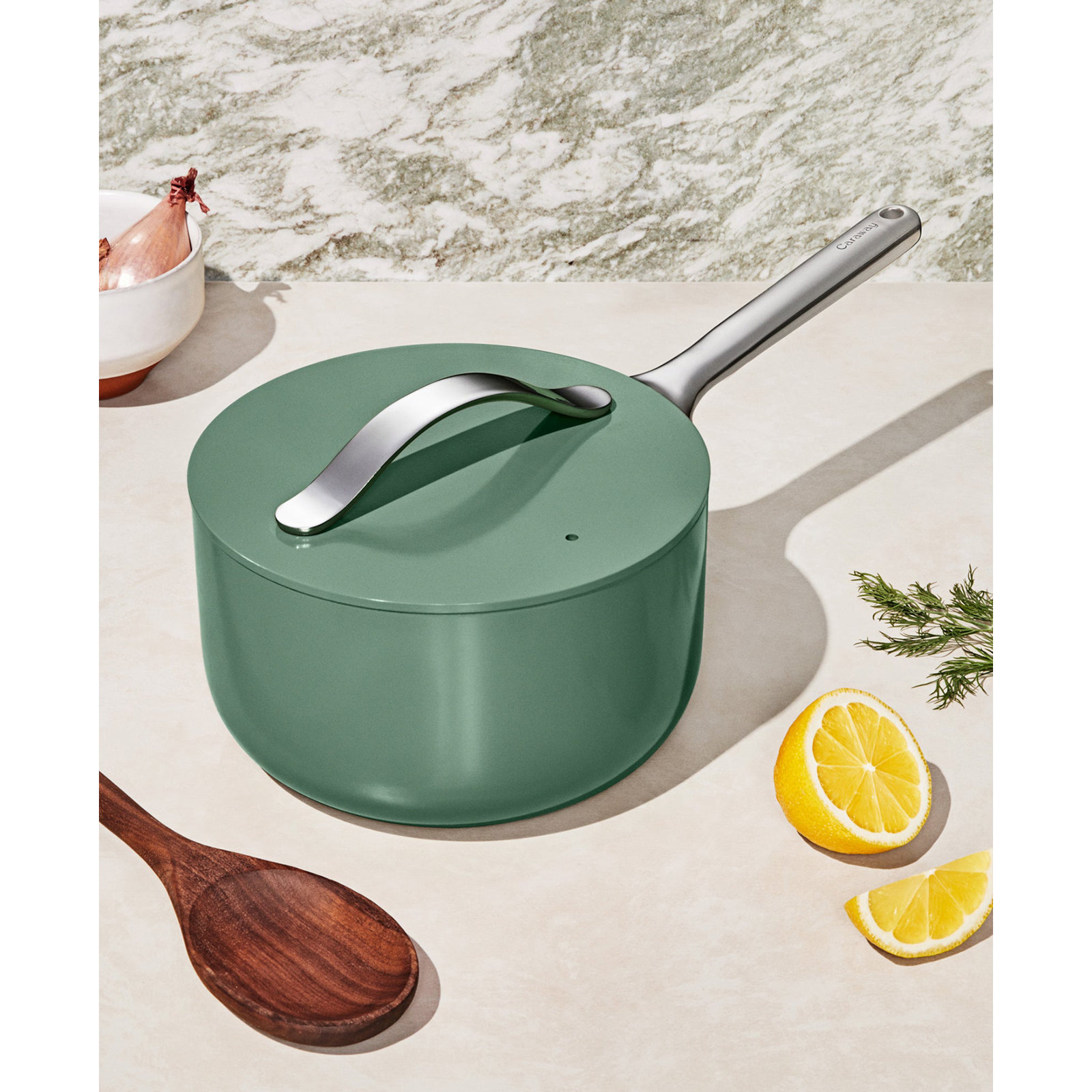 Caraway Nonstick Ceramic Saucepan, 3 quarts, Sage