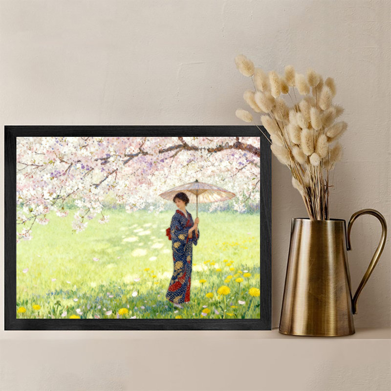 Art encadré noir «Une femme tenant un parasol sous un cerisier en fleurs», impression de style japonais, H 11 po x l 9 po