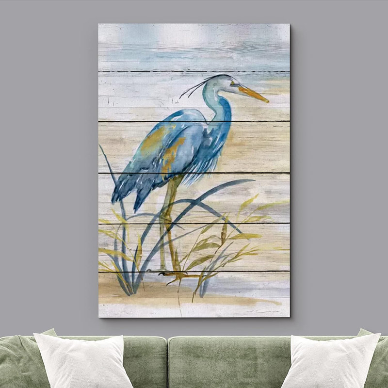 Panneau rétro en bois bleu héron plage moderne, H 36 po x l 24 po x P 1,5 po, Toile tendue