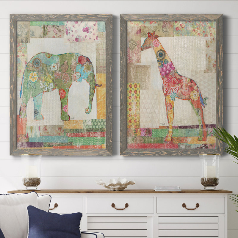 «Elephant Montage», ensemble de 2 impressions, Pas de tapis, H 31,5 po x l 47 po x P 1,5 po, Toile avec cadre gris