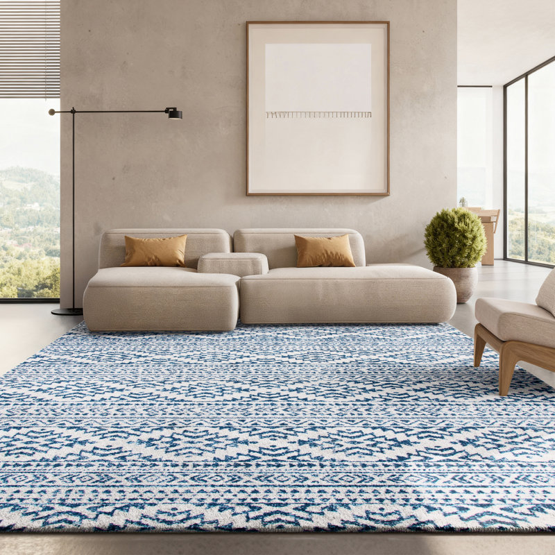 Tapis ivoire / bleu marine à motif géométrique Cobos, Rectangle 8 pi x 10 pi