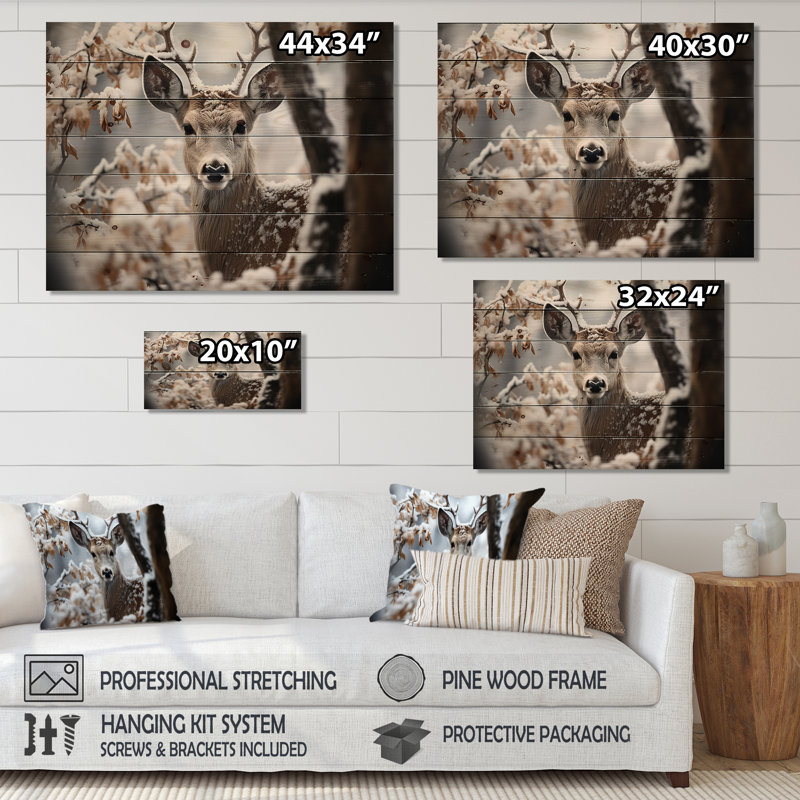 Cerf d'hiver, photographie monochrome I sur bois, H 30 po x l 40 po x P 0,78 po