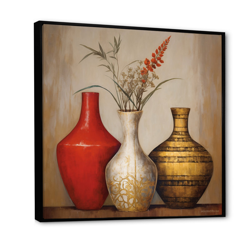 Nature morte avec vase en or rouge et fleurs de blé I - impression, H 24 po x l 24 po x P 1 po, Cadre flottant noir