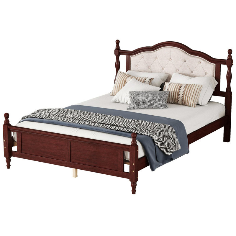 Pine wooden Bed with Upholstered Headboard and Panel Footboard,, Queen, Cherry