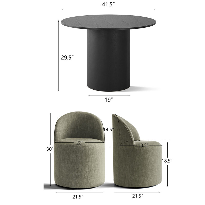 4 - Person Dining Table Sets With Round Table & 4 Upholstered Rolling Chairs, Black, Green