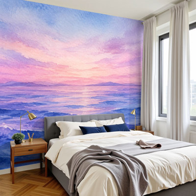 Papier peint adhésif pelez et collez aquarelle mauve paysage de mer abstrait flou Art mural auto-adhésif et amovible