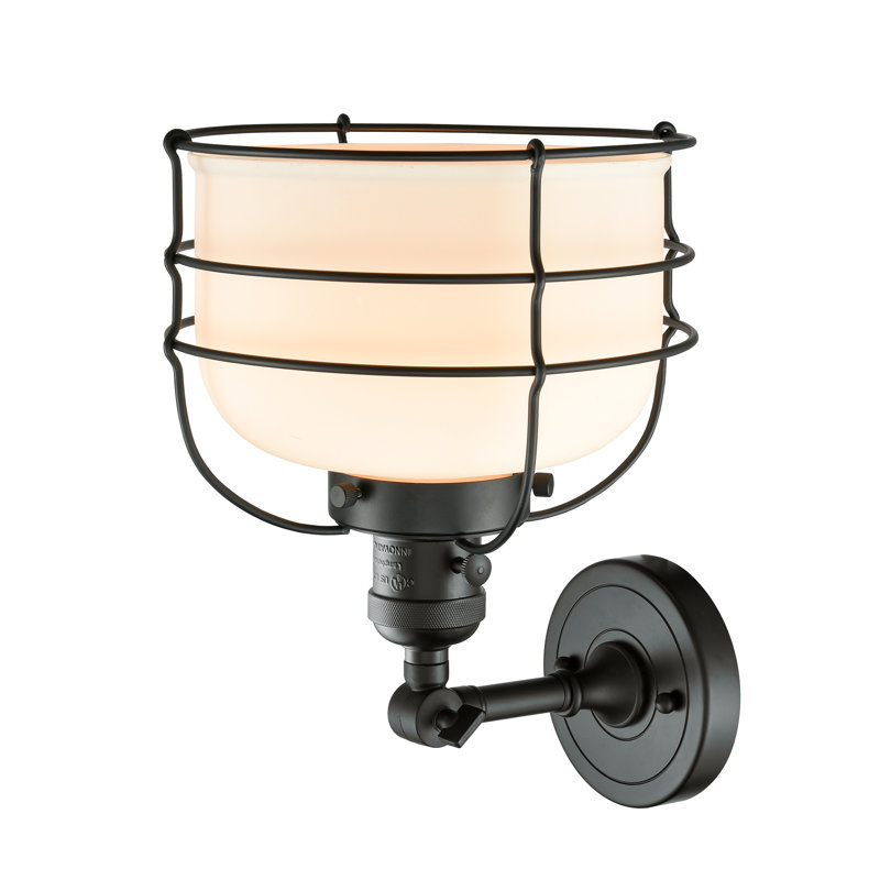 Applique murale 1 lumière 9 "Bell Cage, Boîtier blanc mat, Ampoule incandescente rétro 60 watts, Noir mat