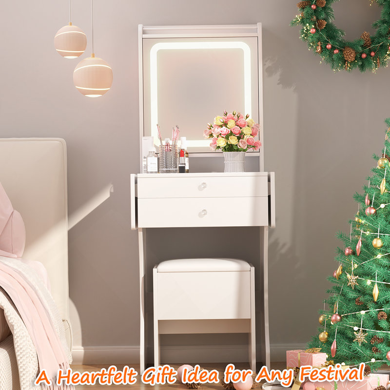 Ensemble de coiffeuse pour petite chambre à coucher, coiffeuse avec tabouret et tiroirs