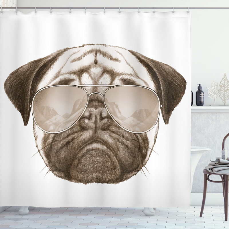 Pug Shower Curtain Set + Hooks, 70"H x 69"W, Umber White