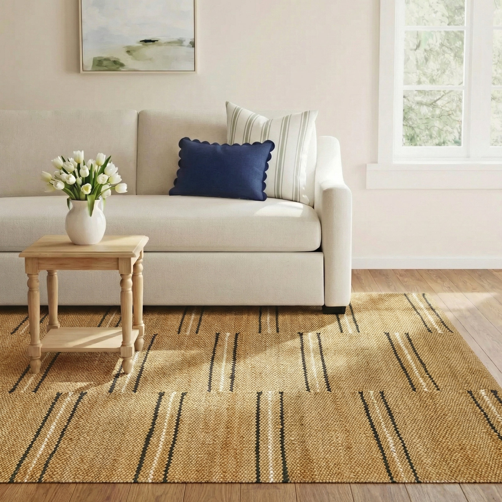 Natural Hand-Woven Striped Jute Rug, Rectangle 8' x 10'